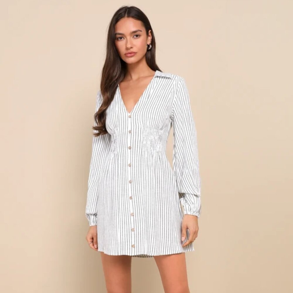 Breezy Sweetie Ivory and Black Striped Smocked Linen Mini Dress - Small - NWT